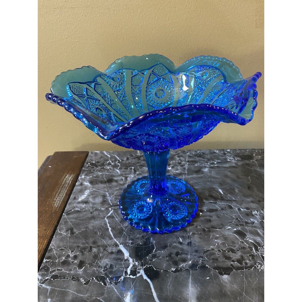 Cobalt Blue Ruffled Rim Pedestal Candy Dish Vintage 7.25"‎ Tall